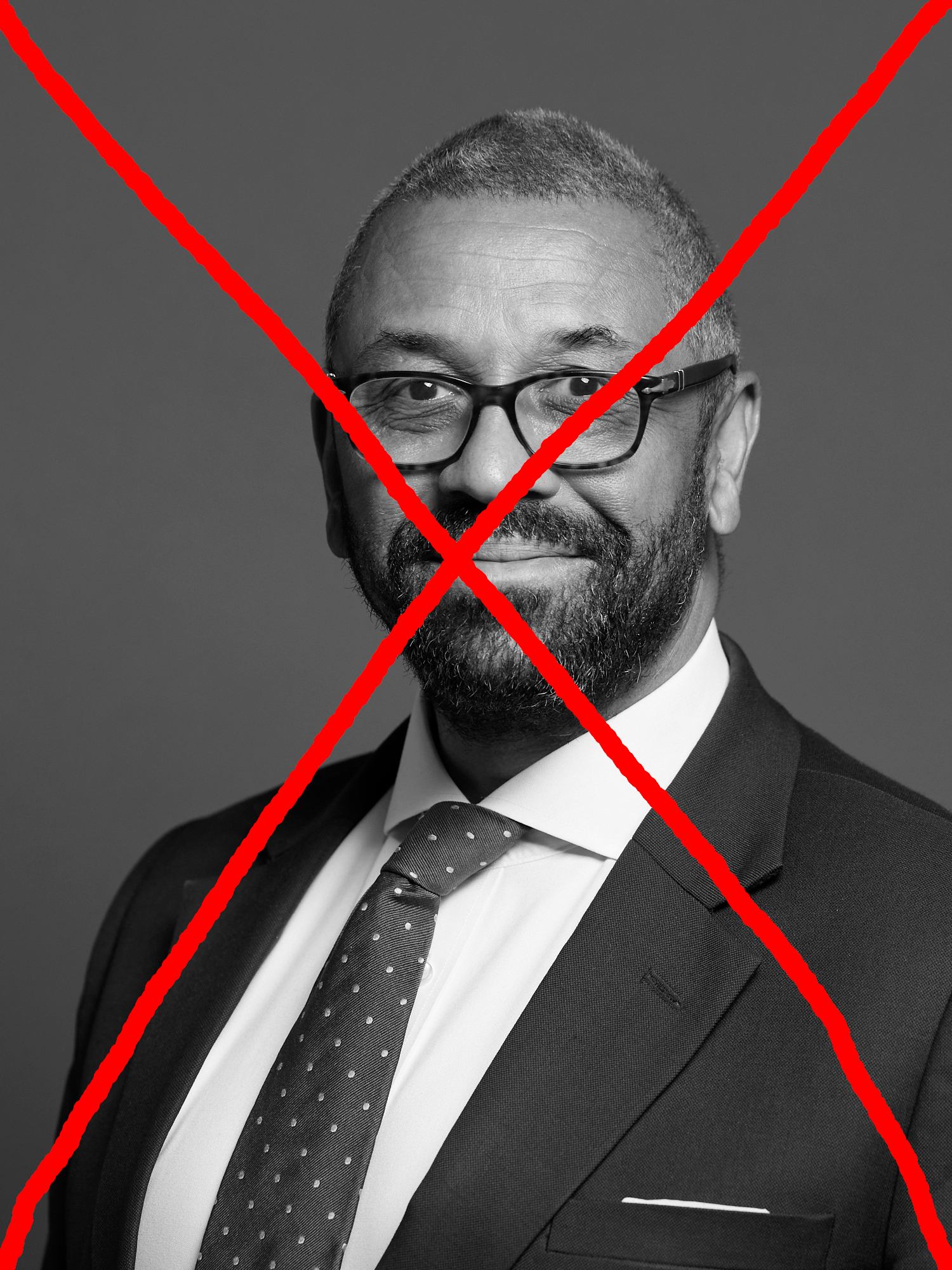 James Cleverly's official parliamentary portrait rendered monochrome & crossed out with a hand-drawn red X.